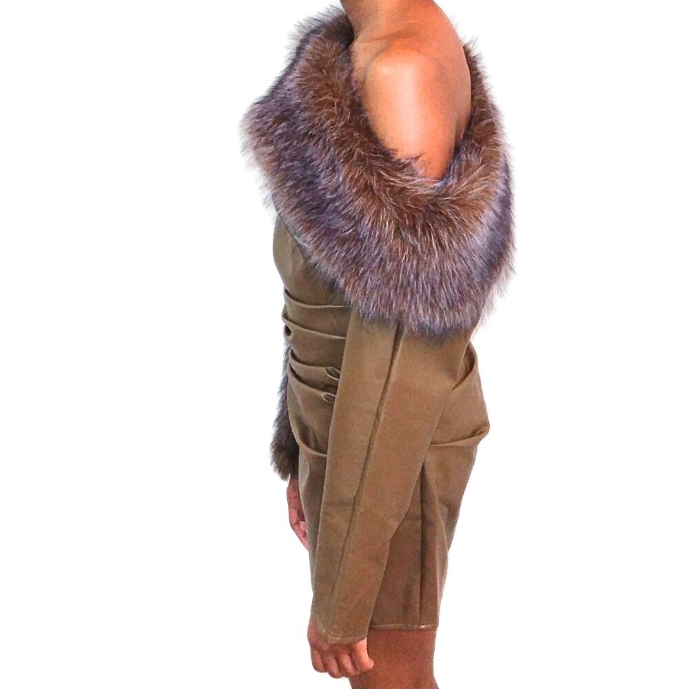 WOMEN'S TAUPE OFF THE SHOULDER BROWN AND GRAY FAUX FUR SHIRT DRESS - XXS - Picture 8 of 8